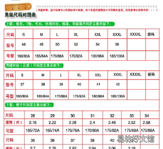 服装上衣跟裤子的尺码型号对照表
