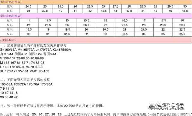 服装上衣跟裤子的尺码型号对照表
