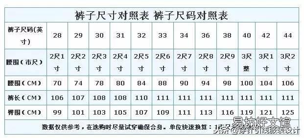 最全衣服尺码对照表 女士裤子尺码对照表图
