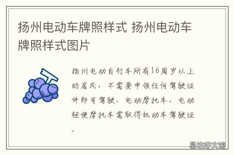 扬州电动车牌照样式 江苏扬州电动车牌照怎么办理